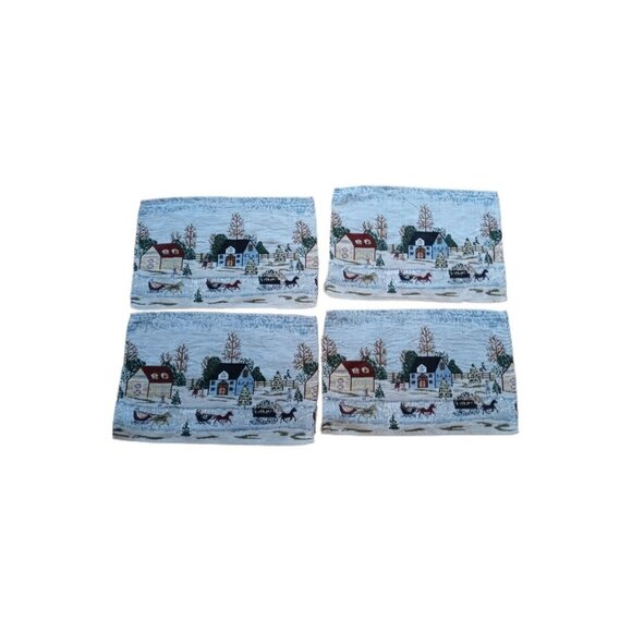 Christmas Winter Scene Placemats Set Of 4 By Collections Etc. Polyester Cotton B - Picture 1 of 7